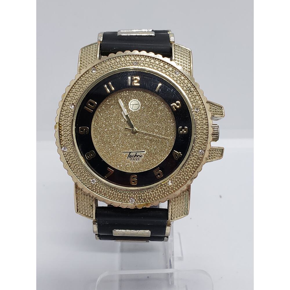 Techno Pave NO: 7758 men's watch. Gold glitter and black face. Working watch